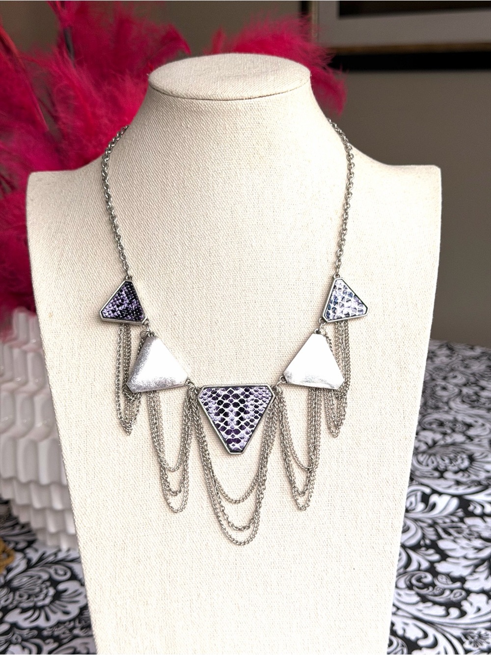 Taramanda Purple Reptile Faux Leather Geometric Chain Statement Necklace NWT